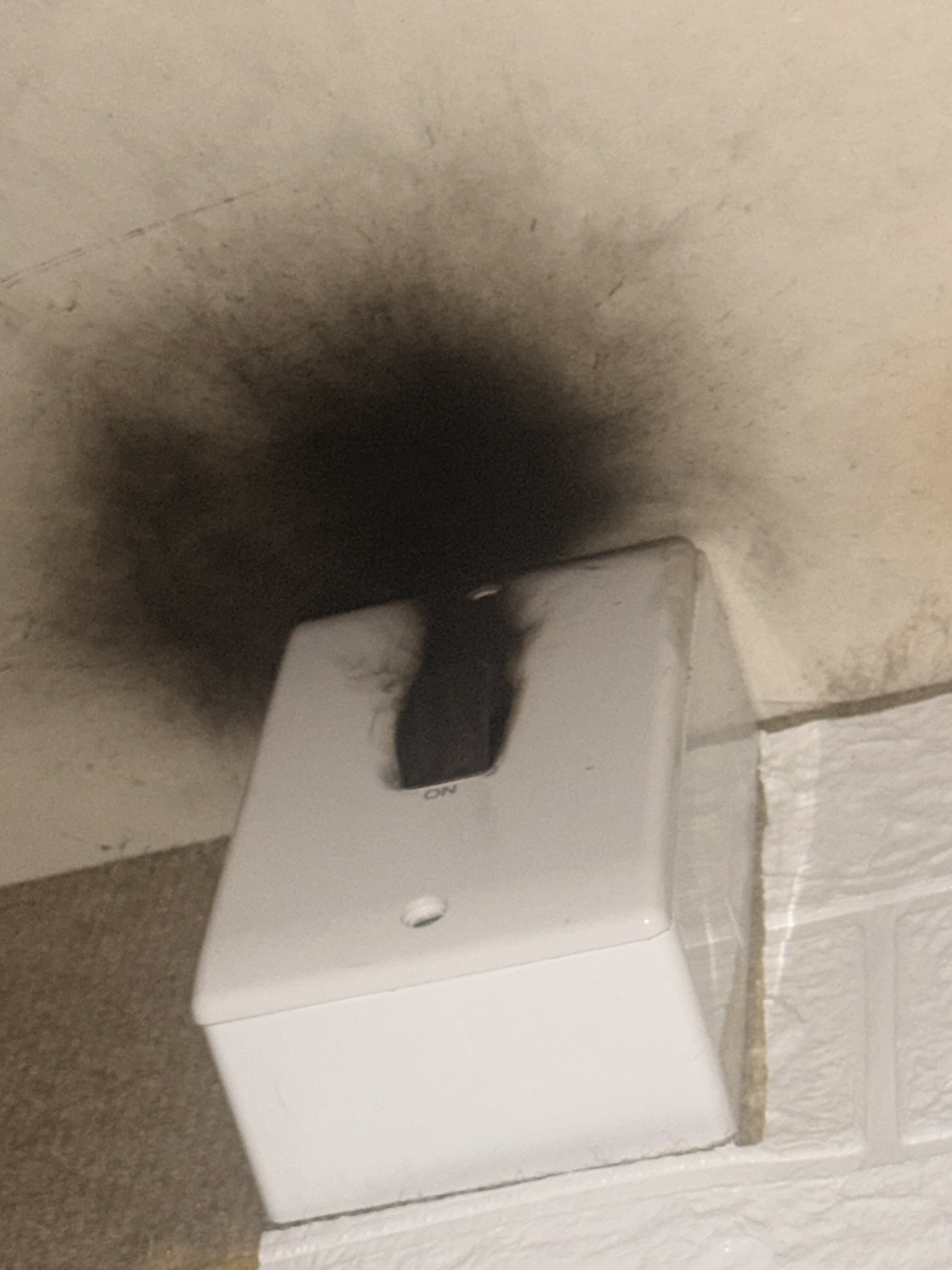 Burnt isolator switch with scorch marks on wall — arcing from faulty electrical connection in London dog grooming salon. C1 emergency finding — MN Electrical