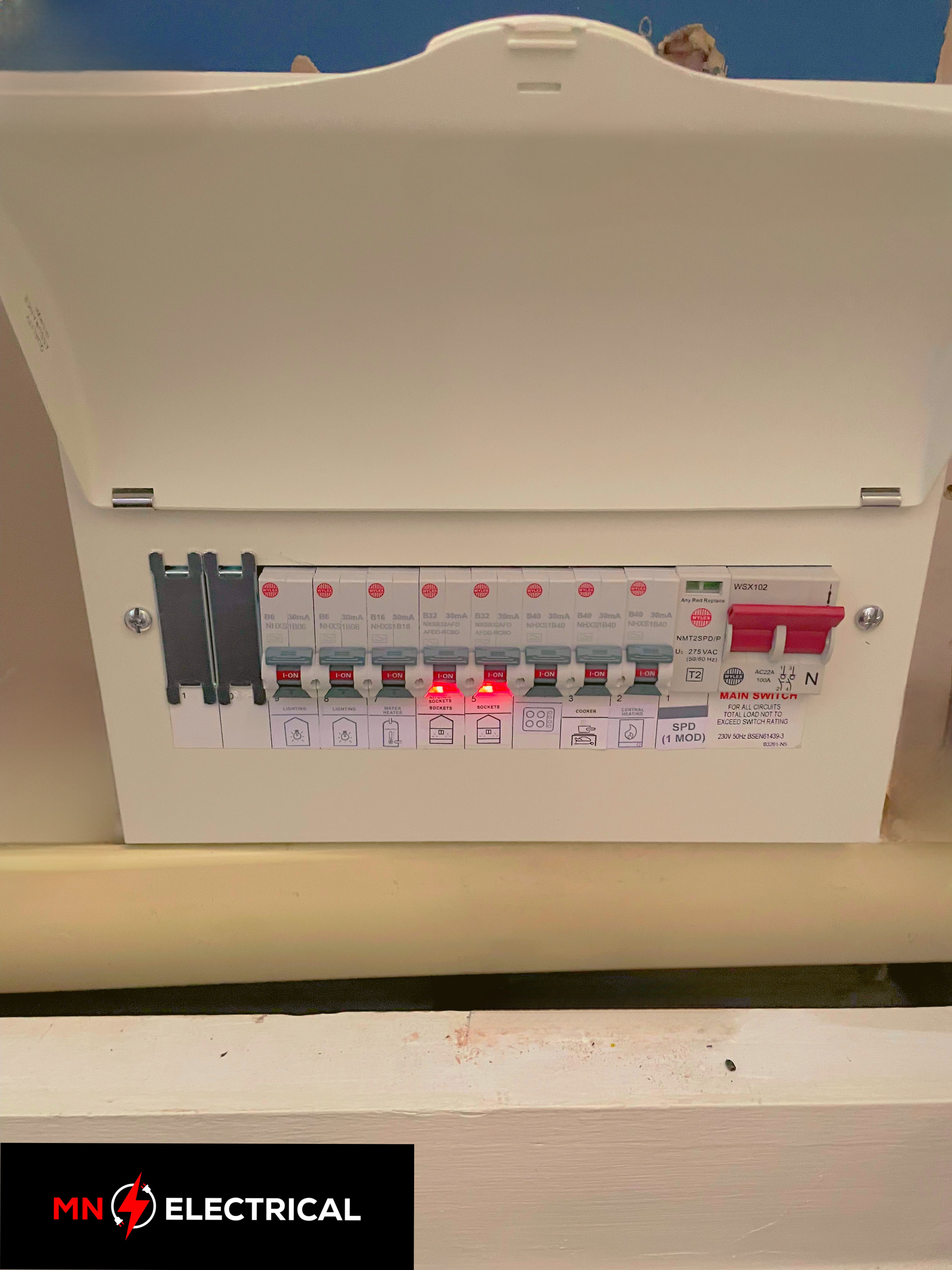 Premium consumer unit with AFDD arc fault detection devices installed by MN Electrical in a London care home — highest standard of electrical protection